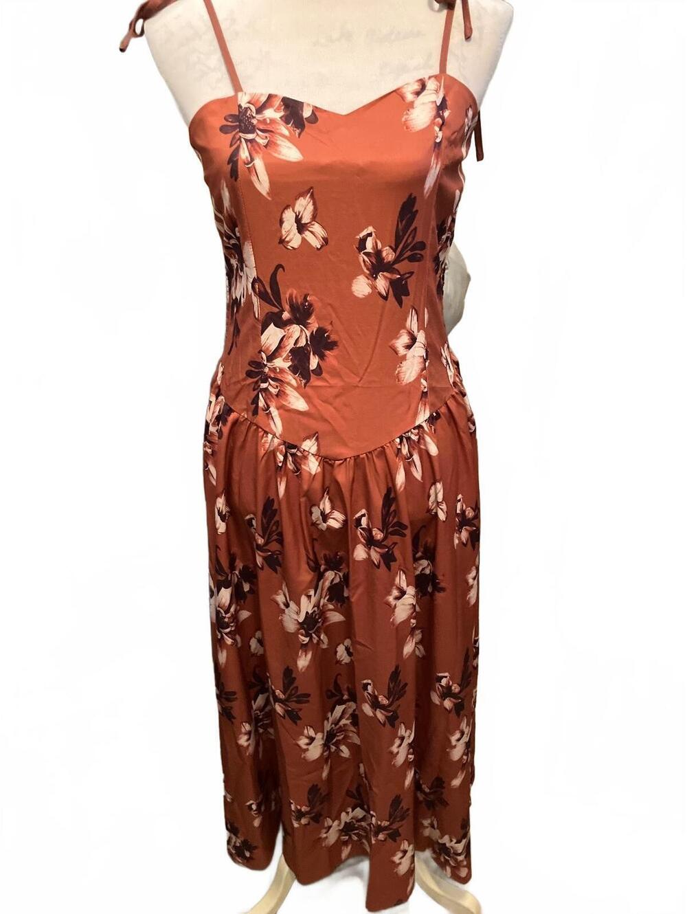 NIB Rust Brown Floral Print Midi Dress with Tie Straps #2033